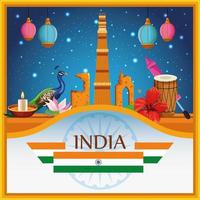 Monumento nacional da Índia, construção de arquitetura com símbolos patrióticos, emblema com bandeira vetor