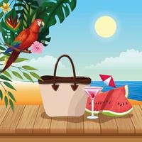 Verão bolsa melancia e coquetel, cenário de praia dos desenhos animados vetor