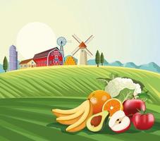 Frutas e legumes sobre o cenário de paisagem de fazenda vetor