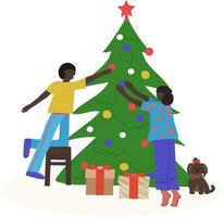 cartão de feliz natal. feliz casal afro-americano decorando a árvore de natal. ilustração vetorial para flyer, cartão e banner para site vetor