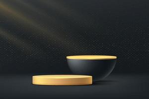 pódio de pedestal de cilindro dourado e preto. forma geométrica da plataforma. cena de parede mínima de brilho dourado brilhante. luxo e elegante. quarto escuro abstrato. renderização vetorial em forma 3d para apresentação do produto vetor