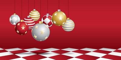 conjunto de bolas de natal com parede vermelha e piso de xadrez vermelho. vetor de cena de natal.