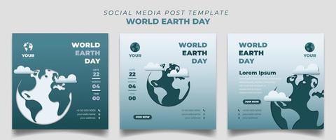 modelo de postagem de mídia social verde em design quadrado. modelo de dia mundial da terra com design de fundo de terra de corte de papel. vetor