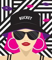 garota de cabelo rosa usa chapéu de balde. vetor de ilustração de moda.