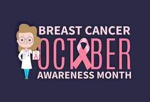 Doutor, segurando a área de transferência e texto do mês de conscientização do câncer de mama vetor