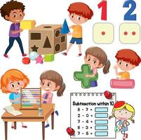 objetos de sala de aula de matemática com suprimentos e alunos vetor