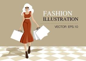 vetor de ilustração de moda. mulheres elegantes está vestindo marrom e segurando sacolas de compras.
