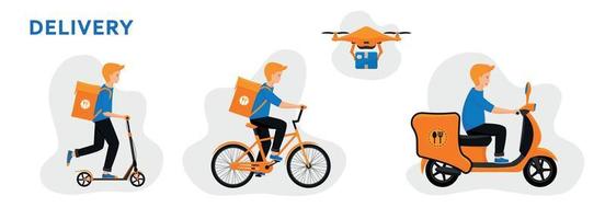 conceito de serviço de entrega online. correios de scooter, bicicleta e drone. vetor