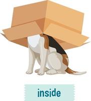 design de cartão de palavras de preposição com cachorro e caixa vetor
