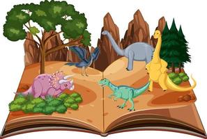 livro pop-up com cena da natureza ao ar livre e dinossauro vetor