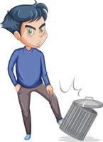 menino adolescente chutar personagem de desenho animado de lata de lixo em fundo branco vetor