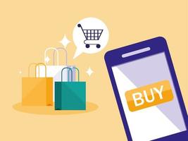 compras on-line com smartphone e bolsas vetor