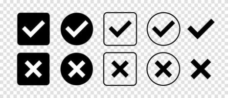 marca de seleção e conjunto de ícones pretos de marca cruzada. símbolos de carrapato isolados. sinais de lista de verificação. conceito de sinal certo e errado. design de marca de seleção plano e moderno. ilustração vetorial vetor