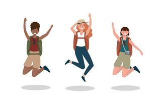 conjunto de mulheres felizes pulando com mochila e câmera vetor
