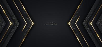 design de modelo de banner de luxo moderno triângulos pretos e brilho dourado 3d listras de ouro luz de linha brilhando em fundo escuro vetor
