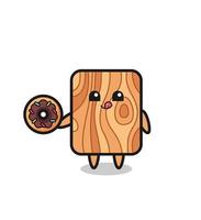 ilustração de um personagem de madeira de prancha comendo um donut vetor