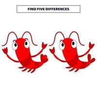 encontre cinco diferenças entre os camarões dos desenhos animados. vetor
