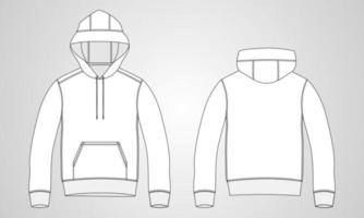 manga longa hoodie técnica moda esboço plano vetor modelo vista frontal e traseira. vestuário vestido design ilustração vetorial desenho mock up jaqueta cad. design de roupas com capuz de jérsei de lã de algodão.