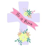 ele é citação de celebração da páscoa ressuscitada. cruz religiosa com flores em tons pastel. ilustração vetorial de estoque isolada no fundo branco. modelos de cartão de saudação. vetor