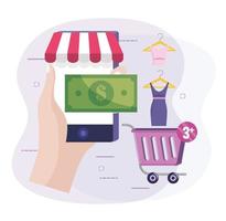 mão com tecnologia de comércio eletrônico para smartphone para comprar roupas online vetor