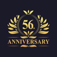 Design de aniversário de 56 anos, logotipo de aniversário de 56 anos de cor dourada luxuosa. vetor