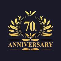 Design de aniversário de 70 anos, logotipo de aniversário de 70 anos de cor dourada luxuosa. vetor