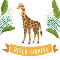 desenhos animados de vetor girafa. ilustração vetorial girafa bonitinha e folhas tropicais. fundo infantil com personagem de desenho animado de girafa