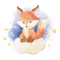 raposa bonitinha sentado na nuvem com estrelas vetor
