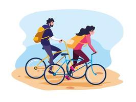 jovem casal andando de bicicleta avatar personagem vetor