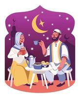 um marido e uma esposa quebrando o jejum no mês de ramadhan vetor