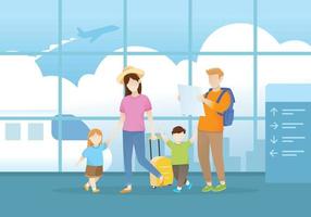 família viajando com fundo de aeroporto vetor