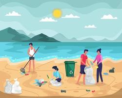 pessoas coletando lixo na praia do oceano vetor