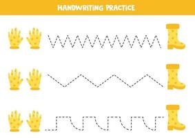 linhas de rastreamento para crianças. luvas e botas de jardim. prática da escrita. vetor