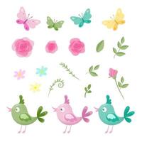 Conjunto de desenhos animados de flores de rosas, borboletas e pássaros vetor