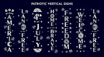6 projetos de sinal de varanda vertical com citações patrióticas bem-vindo, deus abençoe a américa, 4 de julho, lar dos bravos, liberdade, terra dos livres. cartaz tipográfico de festa. cor branca. ilustração vetorial. vetor