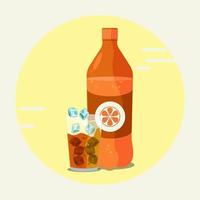 garrafa pet refrigerante laranja e no copo com ilustração vetorial de cubos de gelo vetor