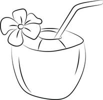 coquetel de coco com desenho linear de palha e flor vetor