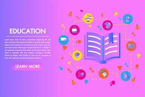 Livro aberto de educação plana colorida página de destino com elementos do conjunto