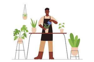 homem feliz regando as plantas. florista cuidando de plantas. jardim doméstico, estufa, jardinagem, loja de plantas de casa. ilustração vetorial plana vetor