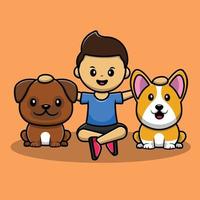menino bonito com cão pug e ilustração de ícone de desenho animado cão corgi. conceito de ícone de pessoas animais isolado vetor premium