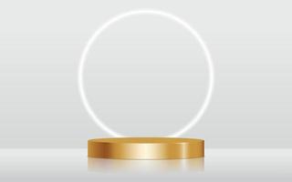 cena de pódio de produto em branco de cromo dourado realista isolada com luz de néon redonda em fundo cinza. cena de simulação de cilindro de ouro. forma redonda metálica geométrica para a marca do produto. ilustração 3D