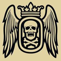 emblema militar com caveira e asas, camisetas de design vintage grunge vetor