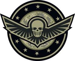 emblema militar com caveira e asas, camisetas de design vintage grunge vetor