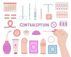 conjunto de contraceptivos. controle de natalidade. ilustração para impressão, fundos, capas, embalagens, cartões, cartazes, adesivos, design têxtil e sazonal. isolado no fundo branco.