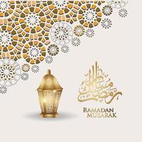 design luxuoso e elegante ramadan kareem com caligrafia árabe, lanterna tradicional e detalhe colorido ornamental islâmico de mosaico para ilustração islâmica saudação.vector. vetor