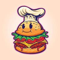 ilustrações de mascote de logotipo de personagem de desenho animado de comida de chef de hambúrguer vetor