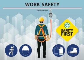 proteção contra quedas, segurança do trabalhador da construção civil em primeiro lugar, design vetorial vetor