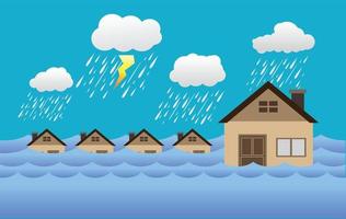 inundação desastre natural com casa, chuva forte e tempestade, danos à casa, nuvens e chuva, água inundada na cidade, casa inundada. vetor