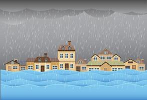 inundação desastre natural com casa, chuva forte e tempestade, danos à casa, nuvens e chuva, água inundada na cidade, casa inundada. vetor