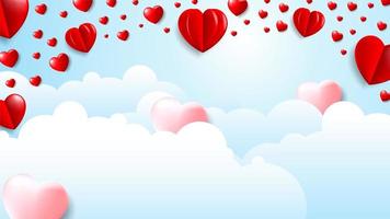 Fundo de nuvem de dia dos namorados com corações 3D rosa e vermelho vetor